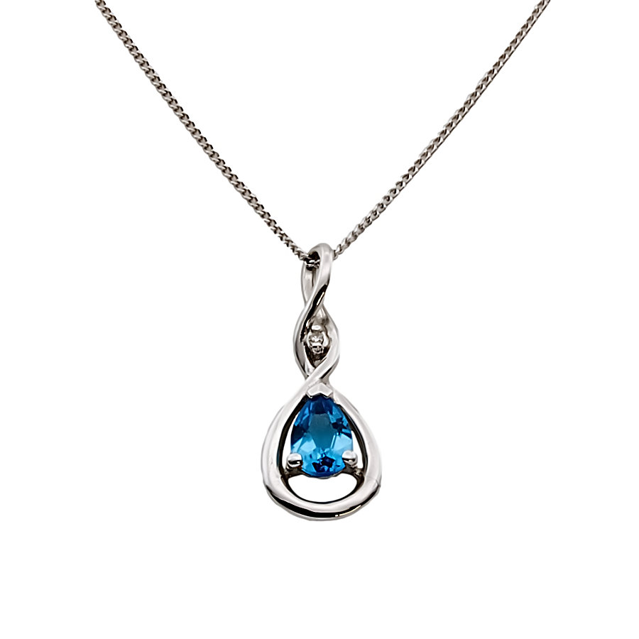 9ct White Gold Blue Topaz / Diamond Pendant with Chain